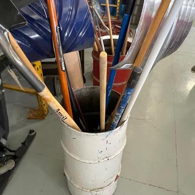2 Metal Drums with outdoor Tools/Squeegies/extension poles/Snow Shovel