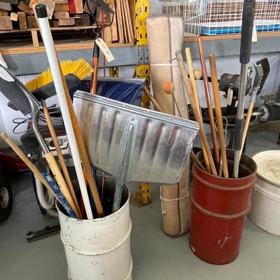 2 Metal Drums with outdoor Tools/Squeegies/extension poles/Snow Shovel
