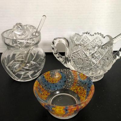 Mosaic Glass Bowl/Sugar Bowls/Spoons -Lot 217
