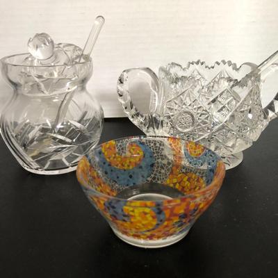 Mosaic Glass Bowl/Sugar Bowls/Spoons -Lot 217