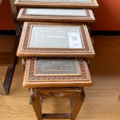Carved wood and glass nesting tables
