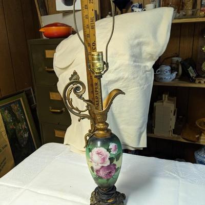 Antique Hand Painted Victorian Pitcher Vase Lamp Roses Design