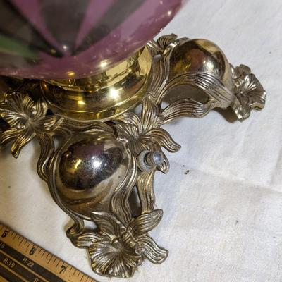 Vintage Brass Electric Lamp, Rose Design, Cut Glass Hurricane