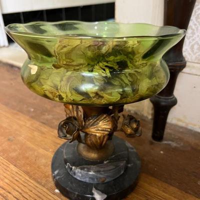 Green Glass, Gilt-Bronze & Marble Base Urn $60