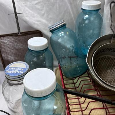 Vintage Kitchen Blue bell jars Applesauce strainer with stand