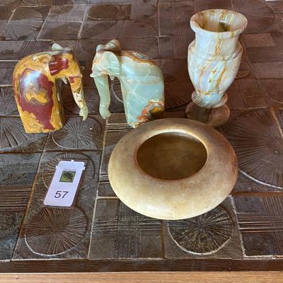 Group stone items including elephant bookends