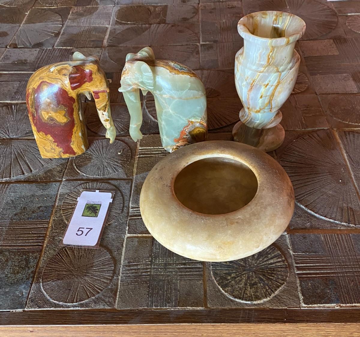 Stone Items Group stone items including elephant bookends | EstateSales.org