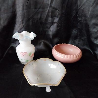 BEAUTIFUL MILKY GLASS VASE AND CANDY DISH SIGNED PINK DISH