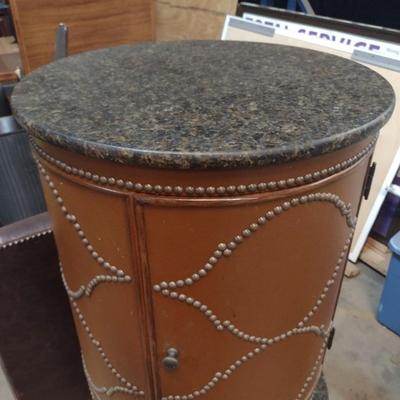 Pair of Marble Top Leather Design Finish Brass Tack Accent Round Side Tables