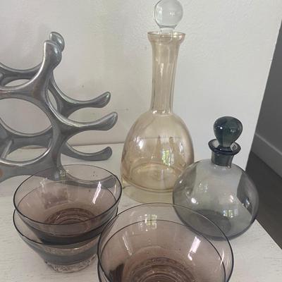 MCM wine rack and glassware