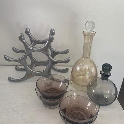 MCM wine rack and glassware