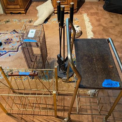 Lot vintage metal record racks and fireplace tools