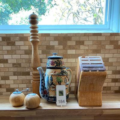 Various wood items and teapot