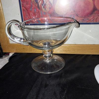TWO FRAMED ART-GRAVY BOAT OTHER GLASSWARE