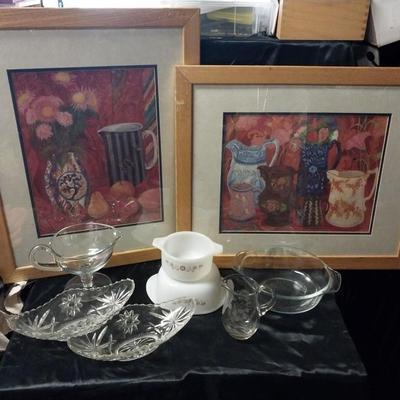 TWO FRAMED ART-GRAVY BOAT OTHER GLASSWARE