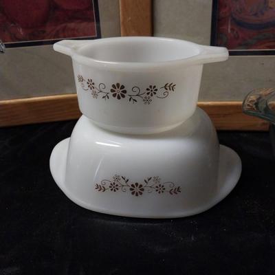 TWO FRAMED ART-GRAVY BOAT OTHER GLASSWARE