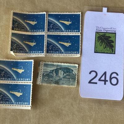 (6) project Mercury 4 cent stamps and 1 The Homestead Act stamp