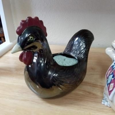 CLAY AND CERAMIC ROOSTERS ALSO A ROOSTER COIN BANK