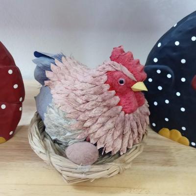 2 WOODEN ROOSTERS AND A NESTING HEN
