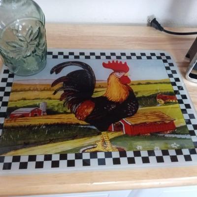 GLASS ROOSTER CUTTING BOARD, CAN OPENER, MIXING BOWL AND MORE
