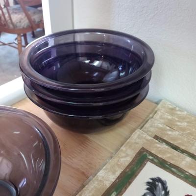 WINE GLASSES, 34 PURPLE GLASS BOWLS, PLACEMATS AND MORE