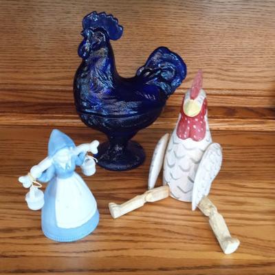 BLUE GLASS ROOSTER DISH W/LID, WOODEN ROOSTER AND A DUTCH GIRL