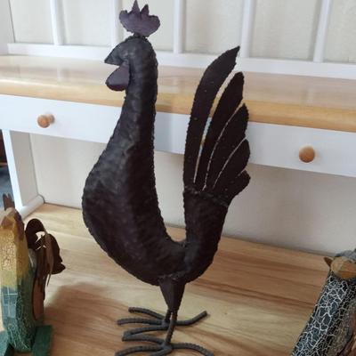 TIN ROOSTER AND 2 WOODEN ONES