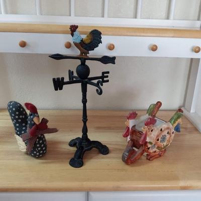 CAST IRON WEATHER VANE, ROOSTER PLANTER AND ONE PLUSH