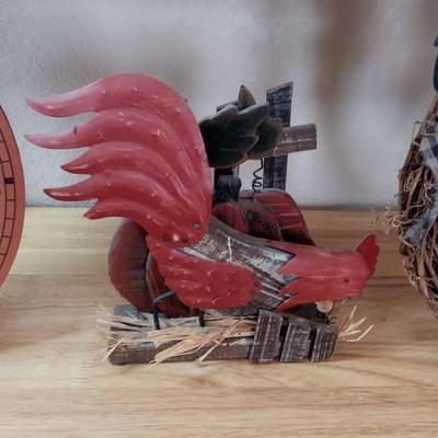 ROOSTER CLOCK, WREATH, CRATE OF FAUX EGGS AND ONE FOR DECORATION