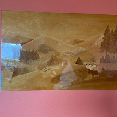 Wooden inlay depicting mountain scene