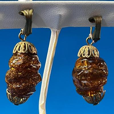 WOW! ROOT BEER GLASS DANGLE EARRINGS w/SHIMMERING INNER GOLD DUST