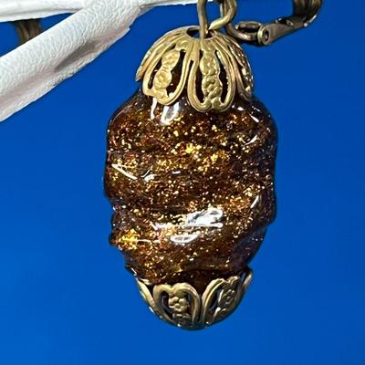 WOW! ROOT BEER GLASS DANGLE EARRINGS w/SHIMMERING INNER GOLD DUST