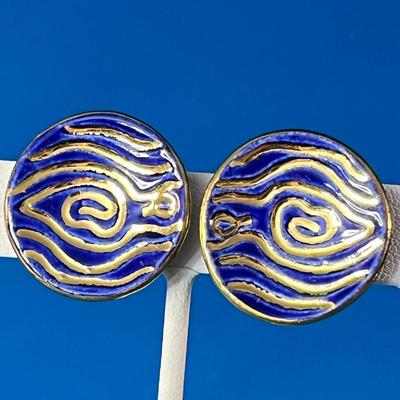 GROOVY ORGANIC PORCELAIN, DISK SHAPED BLUE & GOLD EARRINGS