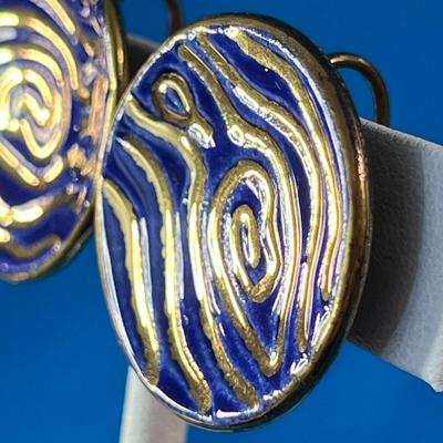 GROOVY ORGANIC PORCELAIN, DISK SHAPED BLUE & GOLD EARRINGS