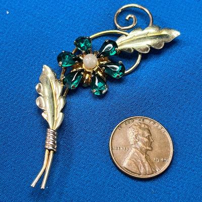 GOLD VERMEIL OVER STERLING VINTAGE RHINESTONE PIN w/ REAL PEARL
