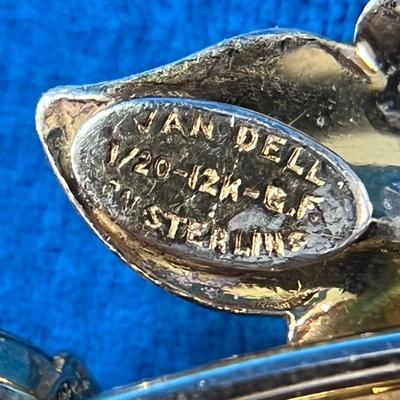 GOLD VERMEIL OVER STERLING VINTAGE RHINESTONE PIN w/ REAL PEARL