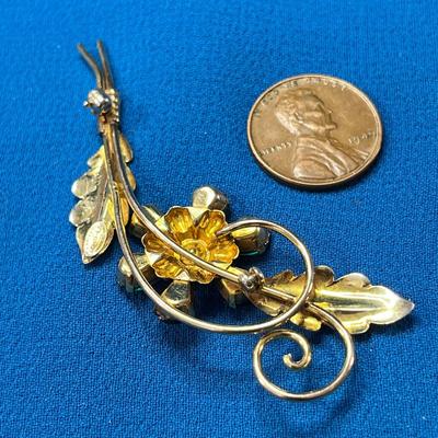 GOLD VERMEIL OVER STERLING VINTAGE RHINESTONE PIN w/ REAL PEARL