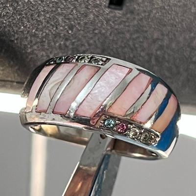 TINY MULTI-COLORED INSET GEMSTONES MOTHER OF PEARL PANES STERLING RING