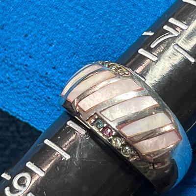 TINY MULTI-COLORED INSET GEMSTONES MOTHER OF PEARL PANES STERLING RING