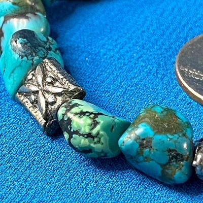 TURQUOISE CHUNKS AND SILVER TONE FANCY BEADS BRACELET