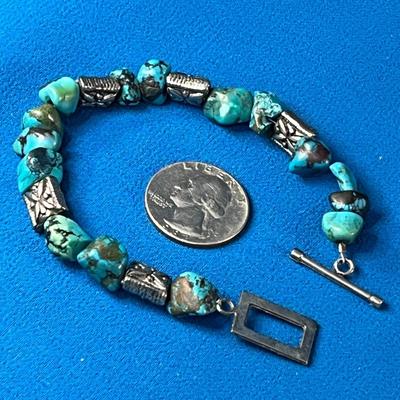TURQUOISE CHUNKS AND SILVER TONE FANCY BEADS BRACELET