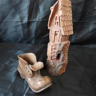 WOODEN HAND CARVED SAILOR-HOUND DOG-SHOE AND HOUSE