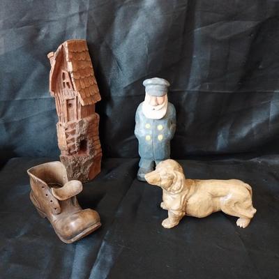 WOODEN HAND CARVED SAILOR-HOUND DOG-SHOE AND HOUSE
