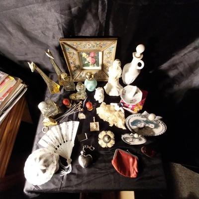 VINTAGE LADIES PERFUME BOTTLES-TRINKET BOXES-RING HOLDER-COIN POUCHES-MORE