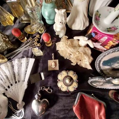 VINTAGE LADIES PERFUME BOTTLES-TRINKET BOXES-RING HOLDER-COIN POUCHES-MORE