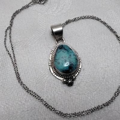 Vintage Navajo Turquoise Hand Signed LJ (Lester Jackson) 18" 925 Necklace