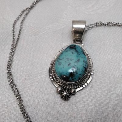 Vintage Navajo Turquoise Hand Signed LJ (Lester Jackson) 18" 925 Necklace
