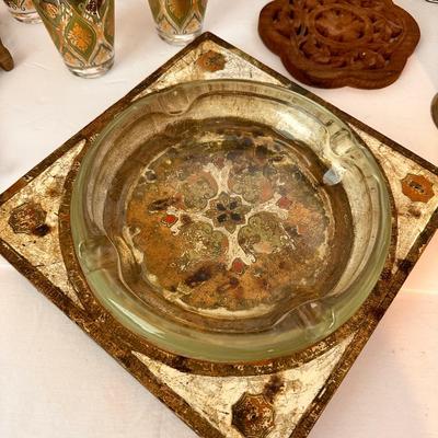 VINTAGE BRASS, GLASSWARE, FLORENTINE ASH TRAY LOT