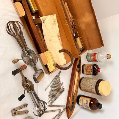 VINTAGE NUTCRACKER, COLLECTIBLE BOTTLE, KITCHEN GADGET LOT