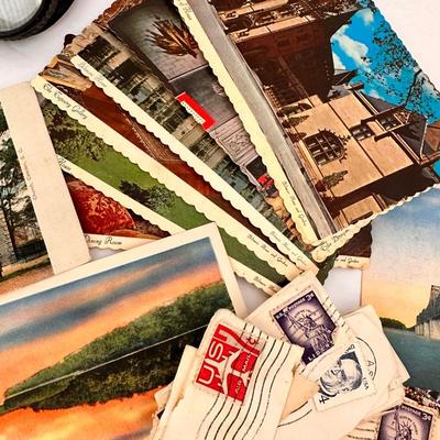 VINTAGE POST CARD, POCKET KNIFE, RAZOR, AND STAMP LOT 